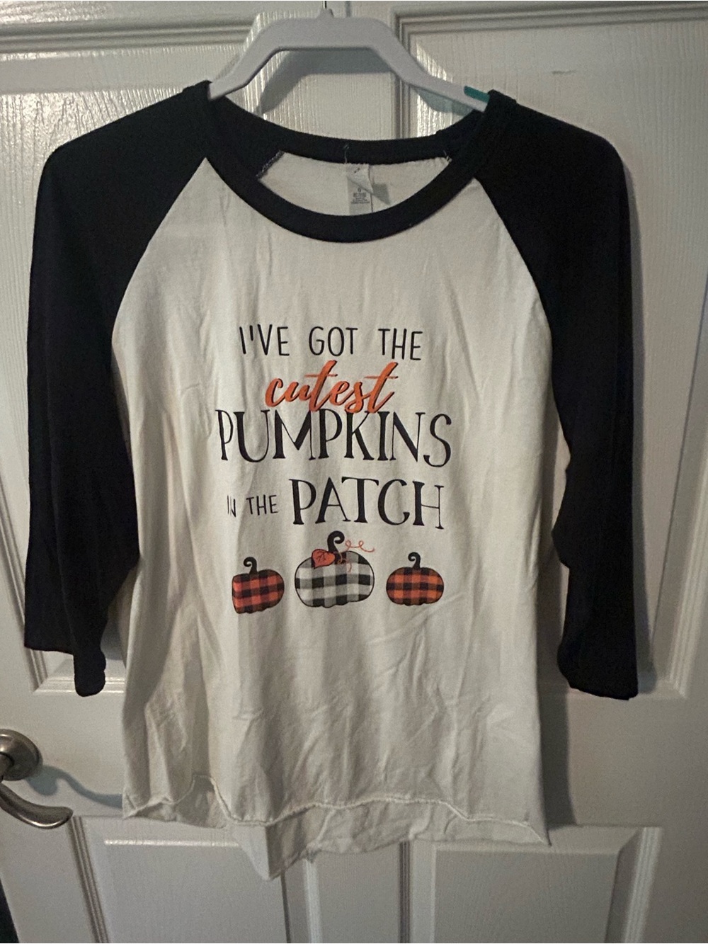 Jerzees Black and White Raglan Long Sleeve Tee with Pumpkin Graphic